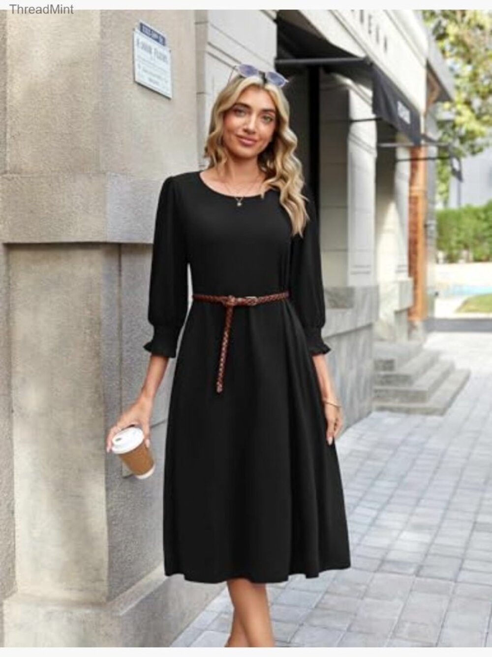 3/4 Sleeve Floral Midi Dress with Pockets Casual Women's Dress - Picture 5 of 7